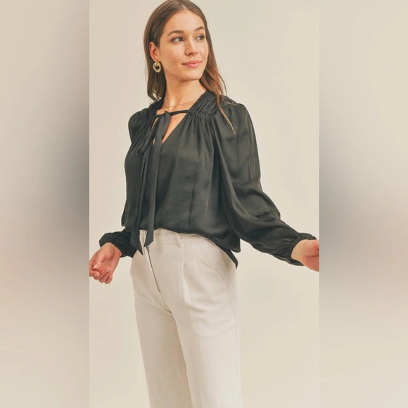 π€ NWT Reset By Jane Silky Bow Tie Blouse β Puff Sleeves, Black - Large - Picture 3 of 5